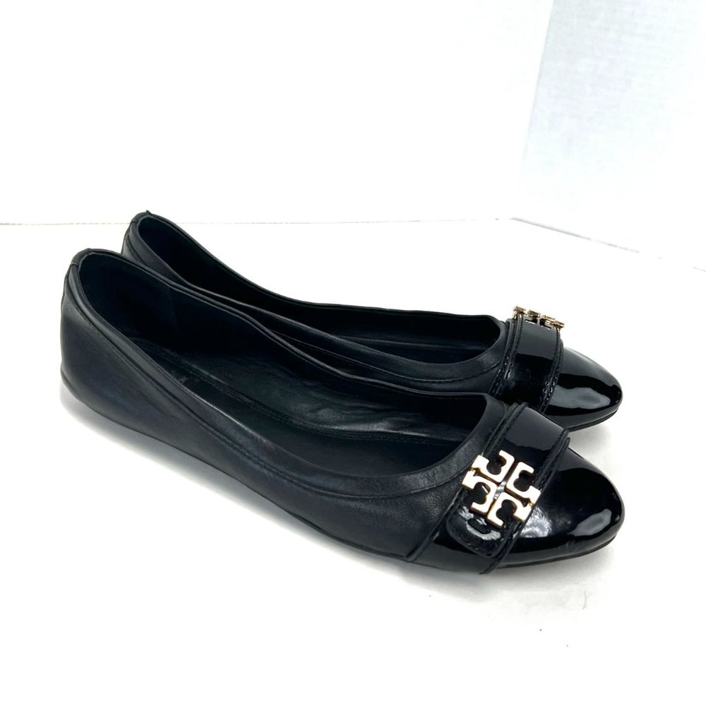 TORY BURCH Eloise Black Leather Cap toe Patent Ballet Flat Shoes Sz 9